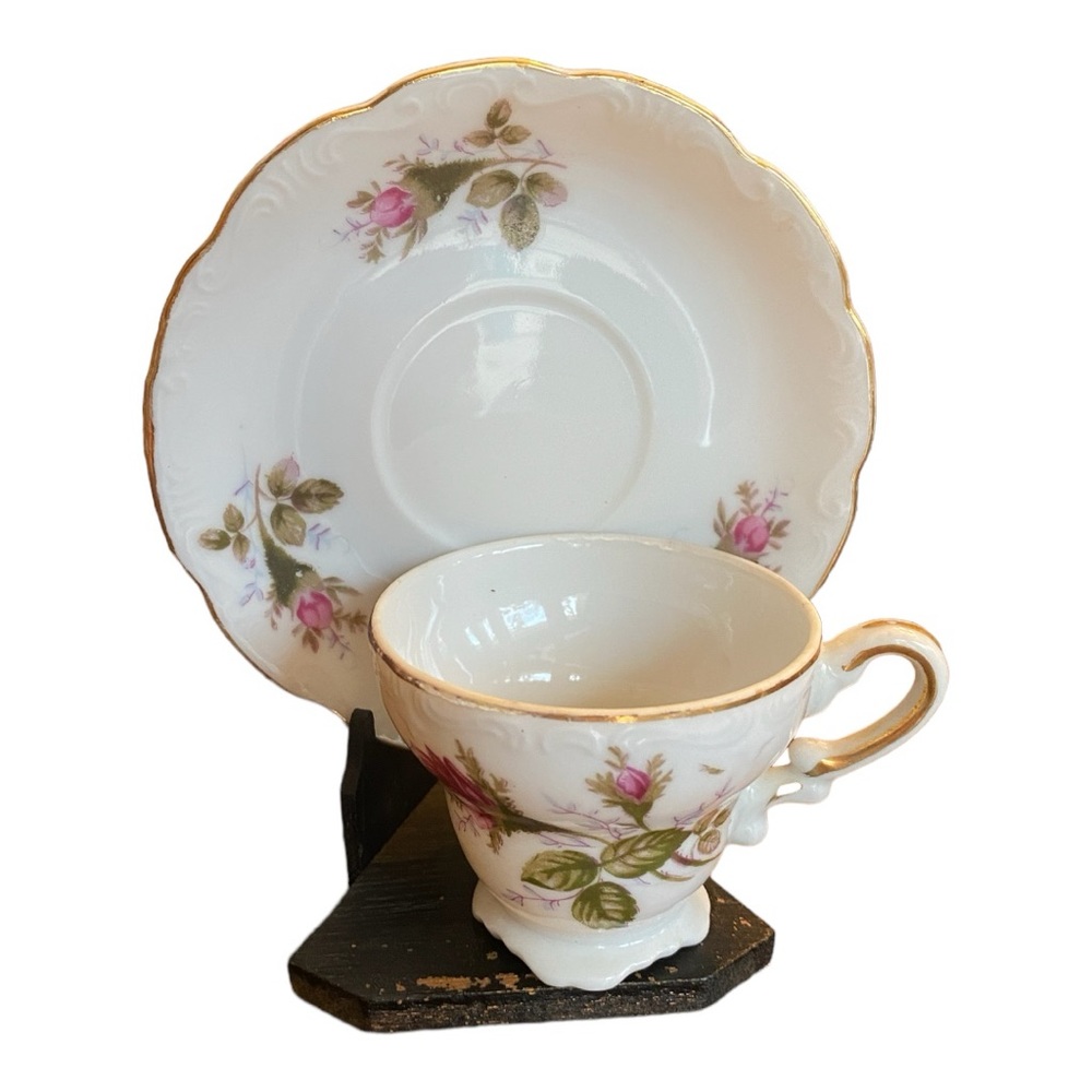 Vintage Moss Rose Teacup and Saucer Set, Fine China Japan Gold Trim